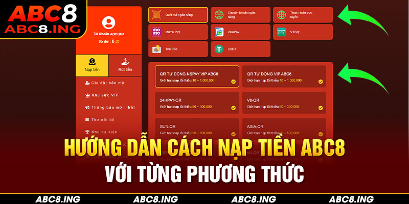 Hướng dẫn cách nạp tiền ABC8 với từng phương thức